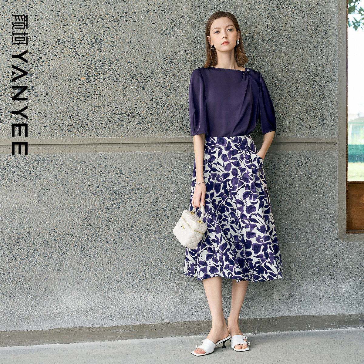 颜域复古紫色套装女2026春季新款七分袖衬衫印花半身裙穿搭一整套