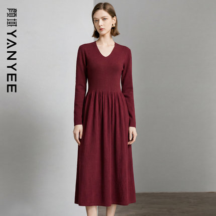 颜域复古针织连衣裙女2025秋冬新款V领长袖收腰显瘦年会通勤长裙
