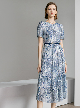 颜域印花短袖连衣裙女装2025新款夏装复古通勤蓝色中长款圆领裙子