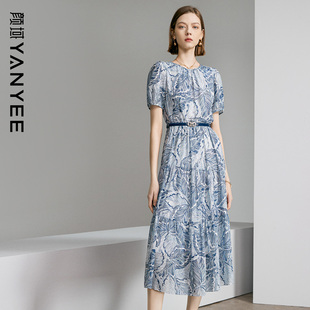复古通勤蓝色中长款 颜域印花短袖 夏装 2025新款 圆领裙子 连衣裙女装