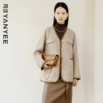 【53%羊毛】颜域小香风大衣女2025新款冬季中长V领宽松毛呢外套