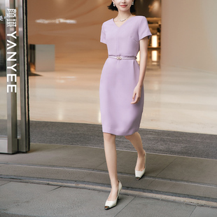 颜域职业气质V领纯色连衣裙女2026夏季新款系带收腰高级感中长裙