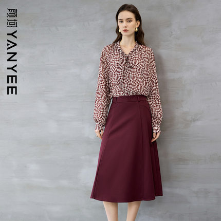 颜域酒红碎花衬衫高腰半裙套装女士2026春装新款法式复古通勤穿搭