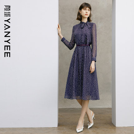 颜域波点气质连衣裙女装2025新款春季紫色优雅中长款系带长袖裙子