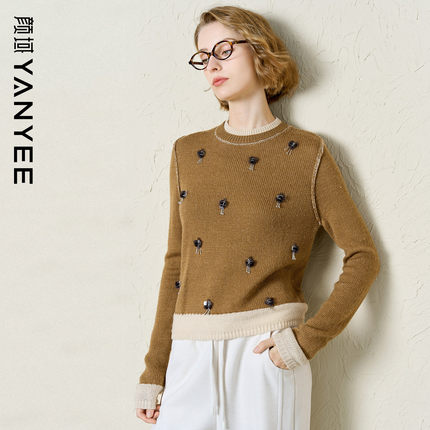 颜域咖色罗纹纯羊毛毛衣女2025冬季新款修身显瘦设计感打底衫上衣