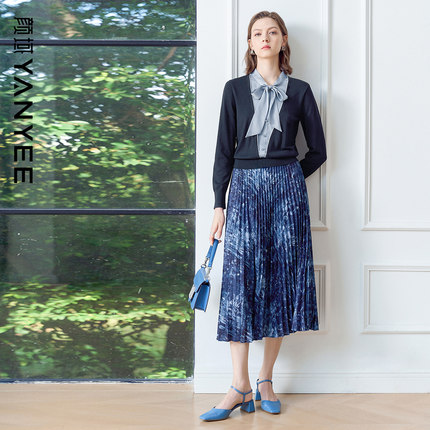 颜域假两件针织衫百褶半身裙套装女2025年春季新款通勤搭配两件套