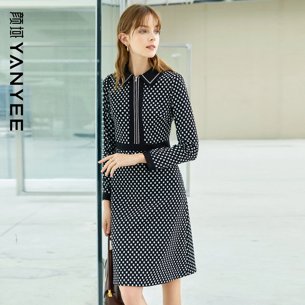 颜域小碎花连衣裙女2023年春季新款时尚减龄收腰显瘦中长款衬衫裙