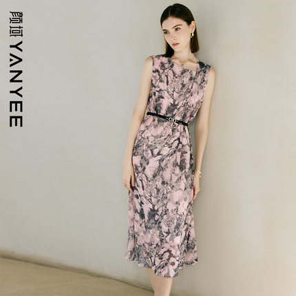 颜域无袖一字领连衣裙时尚碎花裙女士2025年夏装新款收腰显瘦气质