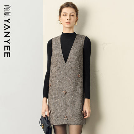 颜域V领外搭短款连衣裙女2025冬季新款高级感通勤直筒宽松背心裙