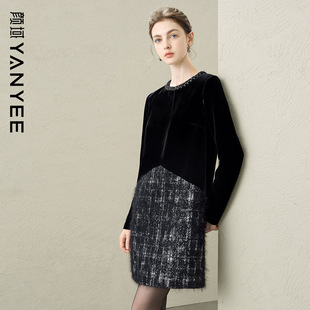 颜域假两件独特气质连衣裙女2025冬季 丝绒保暖拼接高级感短裙 新款