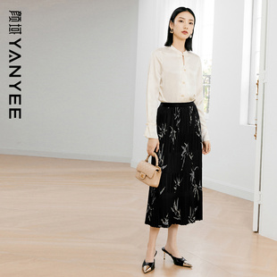 高腰裙子 复古垂坠感半裙中长款 颜域黑色印花半身裙女2026新款 夏装