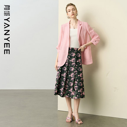 颜域粉色气质穿搭一整套女2025新款夏季套装西装外套半身裙两件套