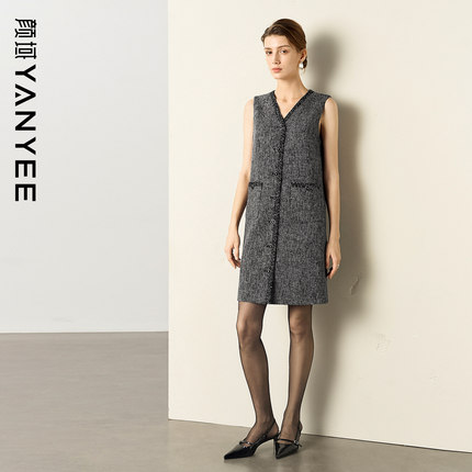 颜域小香风秋装连衣裙女2025新款高级感名媛气质直筒短款背心裙子