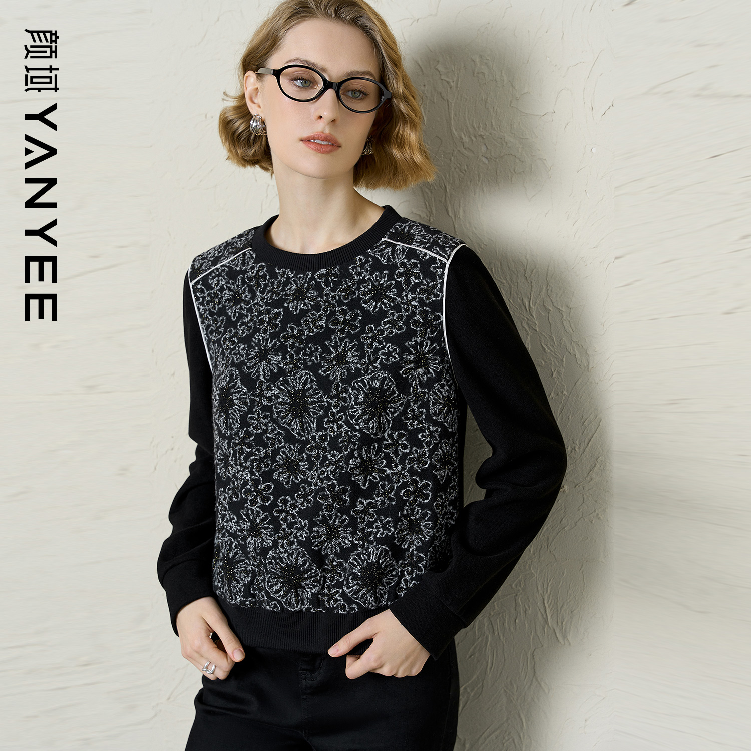 颜域黑色印花长袖针织衫女装2025冬季新款通勤百搭假两件圆领上衣