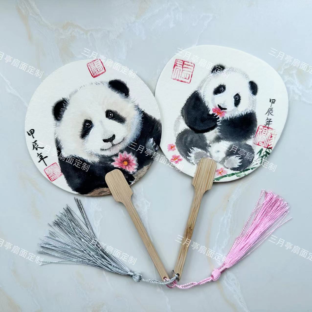 手绘团扇扇面大熊猫古风水墨定制
