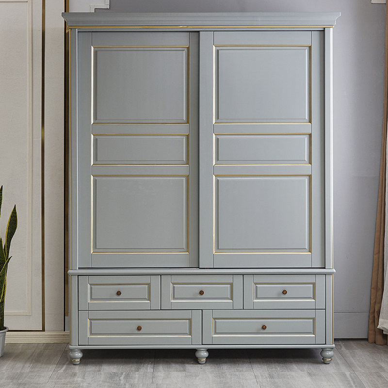 新品美式轻奢实木双门推拉衣柜灰色描金衣橱小户型卧房储物妆台柜