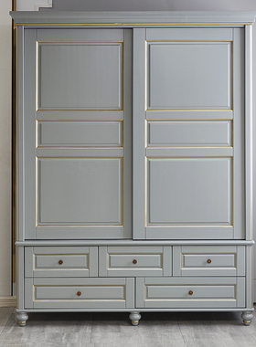 新品美式轻奢实木双门推拉衣柜灰色描金衣橱小户型卧房储物妆台柜