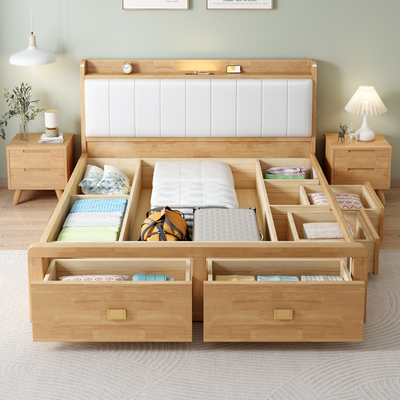 北欧单双人实木原木色高箱储物床