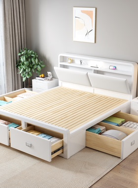 北欧全实木床1.8米单双人白色1.35米气压高箱1.2米抽屉2×2.2米储