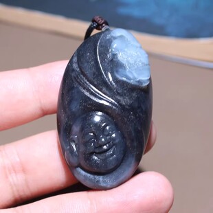 亏麻了方言品牌和田玉新疆黑白分明聚墨青花籽料弥勒佛吊坠挂件O8