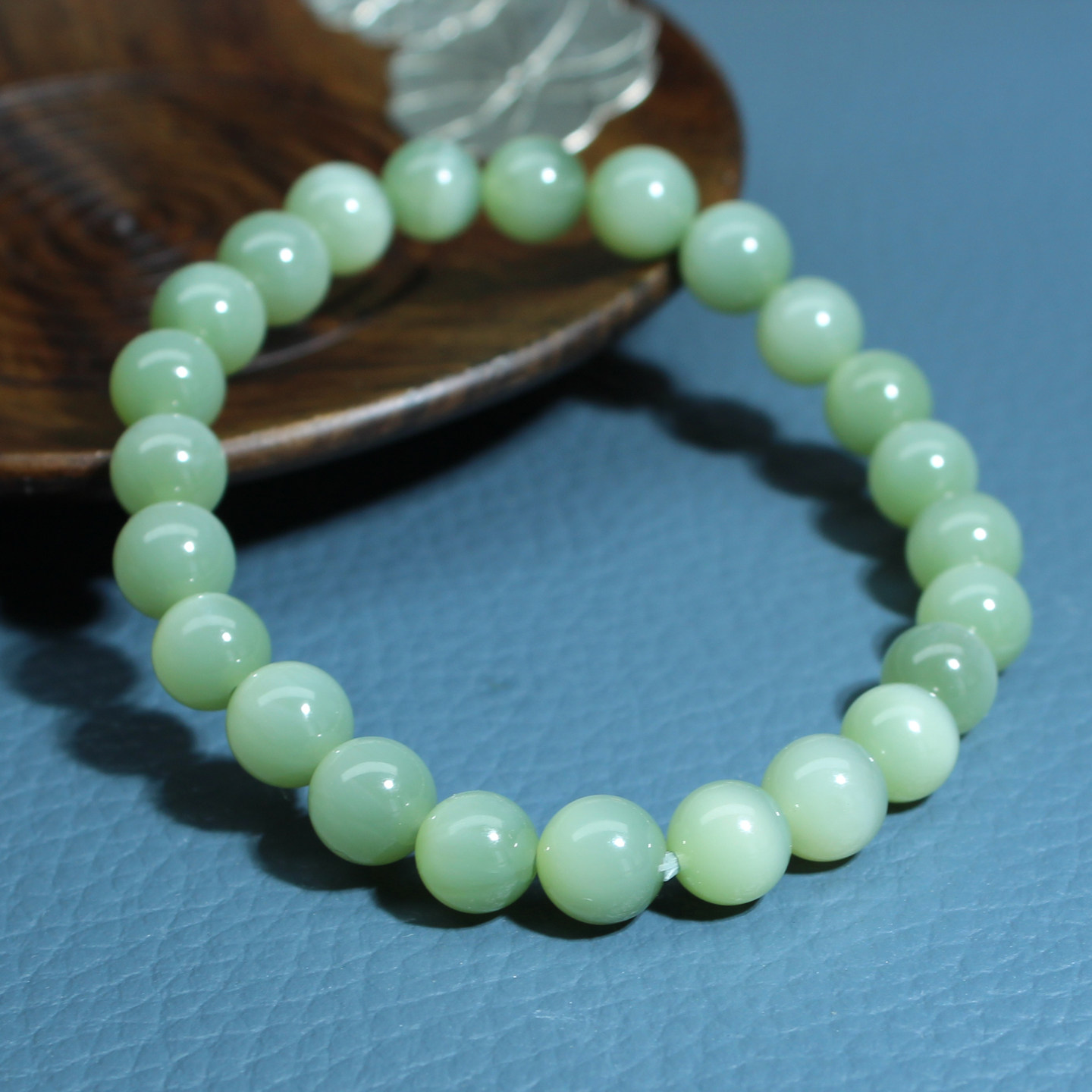 玉禧珠宝精品和田玉俄料碧玉手链8mm圆珠手串粉绿猫眼手串无黑点w