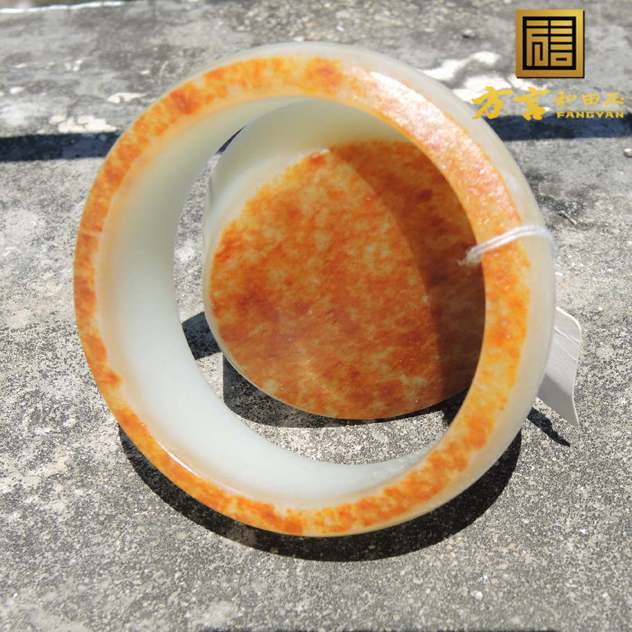 方言罕见珍品玉龙河聚橘红活皮无结构糖色羊脂玉三色籽料58手镯F