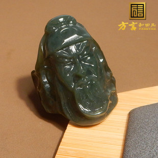 方言品牌和田玉新疆且末料蓝色基调飘糖雕刻关公卡21mm戒指扳指R5