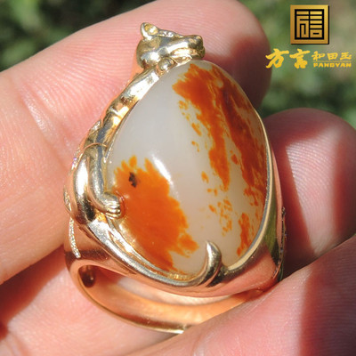 方言镇店之宝珍藏级画面玉无结构羊脂籽料18K金镶玉真钻豪华戒指F