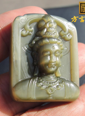 方言品牌和田玉巨漏俄碧玉珠宝级黄金活猫眼碧玉观音玉牌子吊坠R