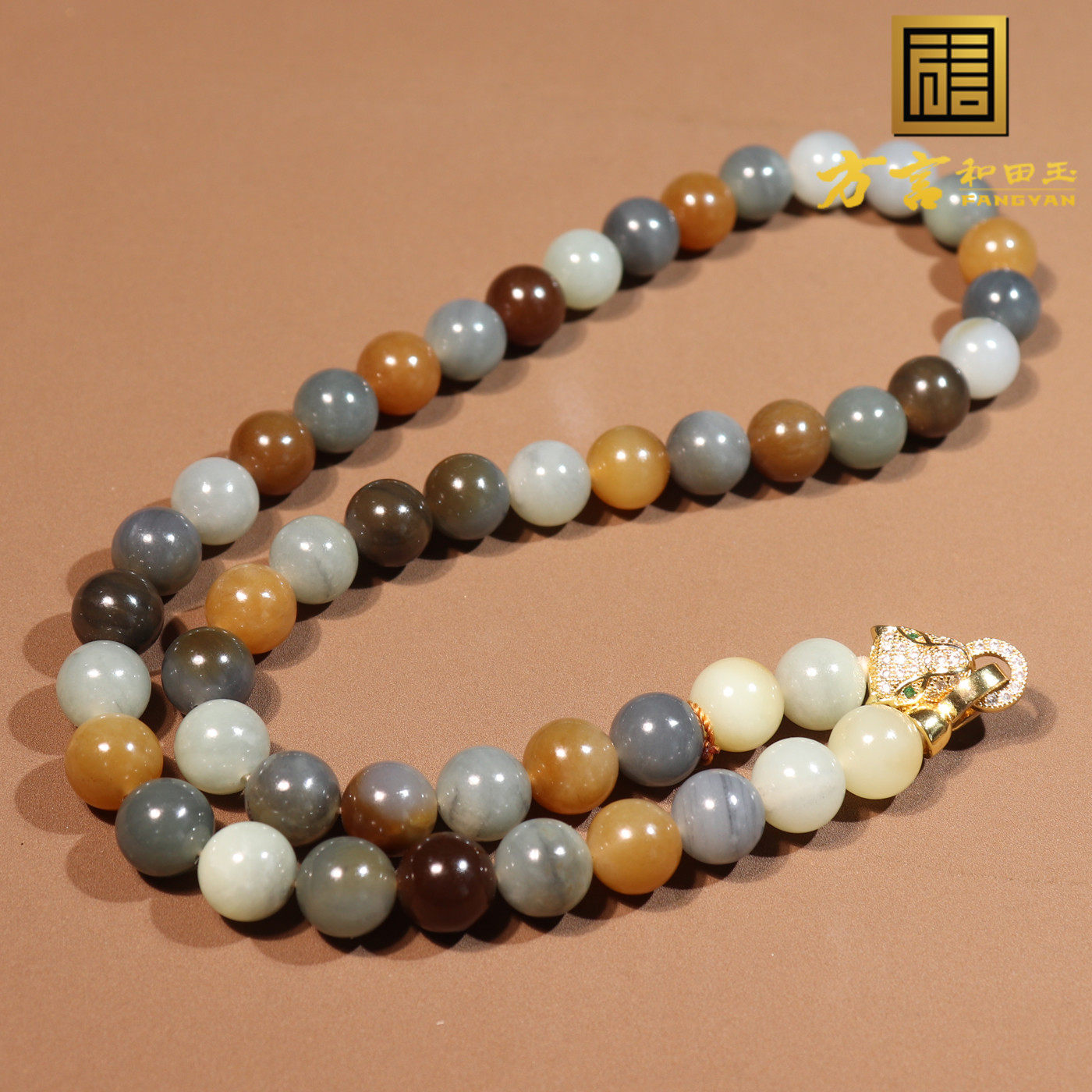 方言和田玉大漠古风楼兰三色且末糖青花三彩卡10mm圆珠项链手串O2