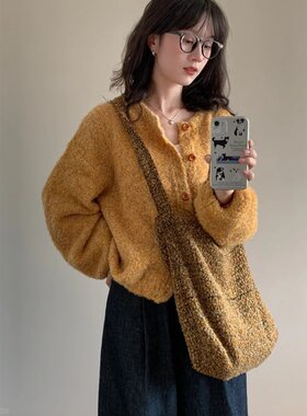 复古落叶黄圈圈纱毛衣开衫女