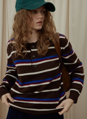 美式复古咖色条纹翻领针织衫女秋冬通勤气质宽松慵懒风Polo领毛衣