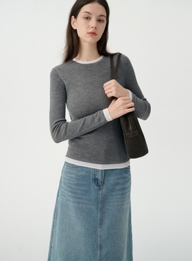 高级感撞色打底衫女秋冬修身长袖内搭毛衣叠穿假两件设计针织上衣