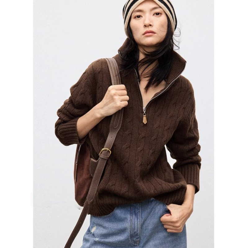 复古咖色半拉链麻花毛衣女秋冬美拉德宽松慵懒翻领针织衫内搭上衣
