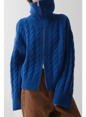 高级感蓝色双拉链高领麻花针织开衫女秋冬加厚保暖慵懒风毛衣外套