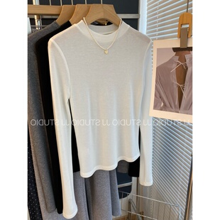 天丝面膜正肩半高领针织打底衫女秋冬修身内搭软糯系长袖叠穿上衣