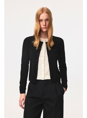 秋冬季美式高级感宽松短款黑色针织开衫镂空圆领长袖外套上衣女潮