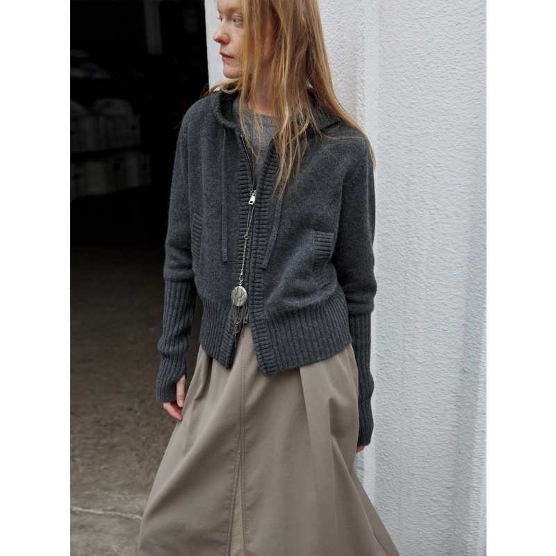 法式小众双拉链抽绳连帽灰色针织衫毛衣外套女新款秋冬开衫上衣厚