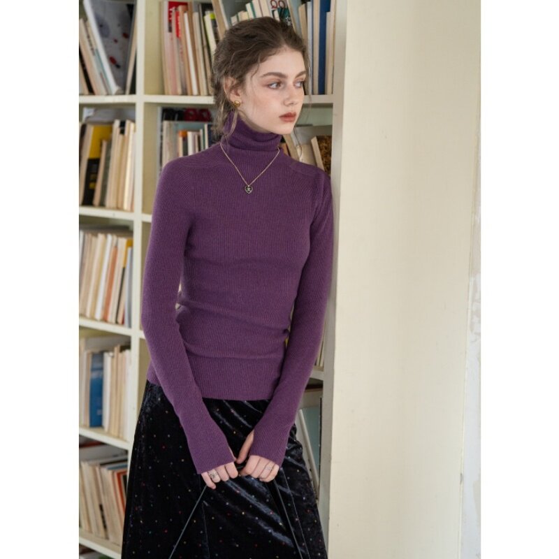 高级感深紫色高领修身针织衫