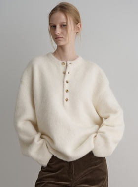 新款高级感小众羊毛毛衣亨利领针织衫女法式秋冬保暖白色套头上衣