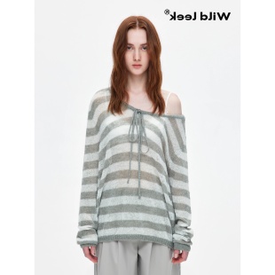 宽松显瘦大领口斜肩防嗮衣 新款 多穿法半透视抽绳条纹罩衫 2026春季