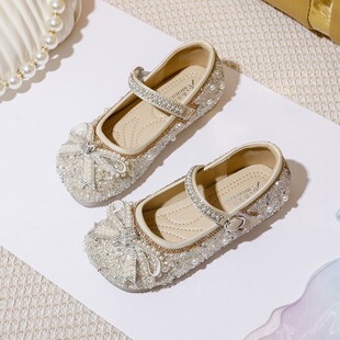 真皮女童水晶公主鞋2026春季新款单鞋亮片软底宝宝水钻鞋演出皮鞋