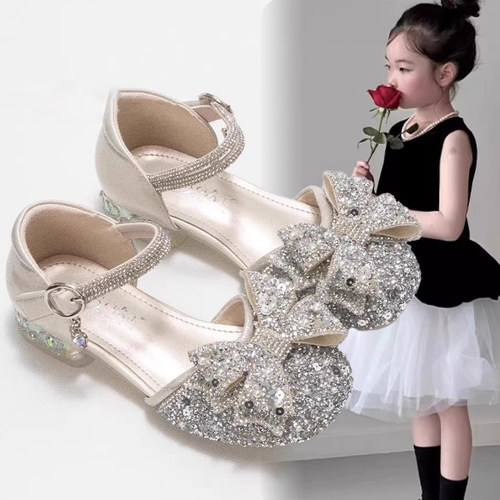 真皮女童水晶公主凉鞋