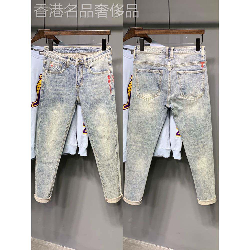 浅蓝色九分牛仔裤男美式潮牌刺绣修身小脚裤秋季新款休闲覆古长裤