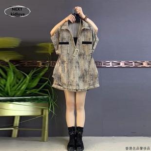 上衣短褲 暈染兩件套胖妹妹帥氣薄款 女裝 時尚 潮 翻領(lǐng)短袖 香港加大碼