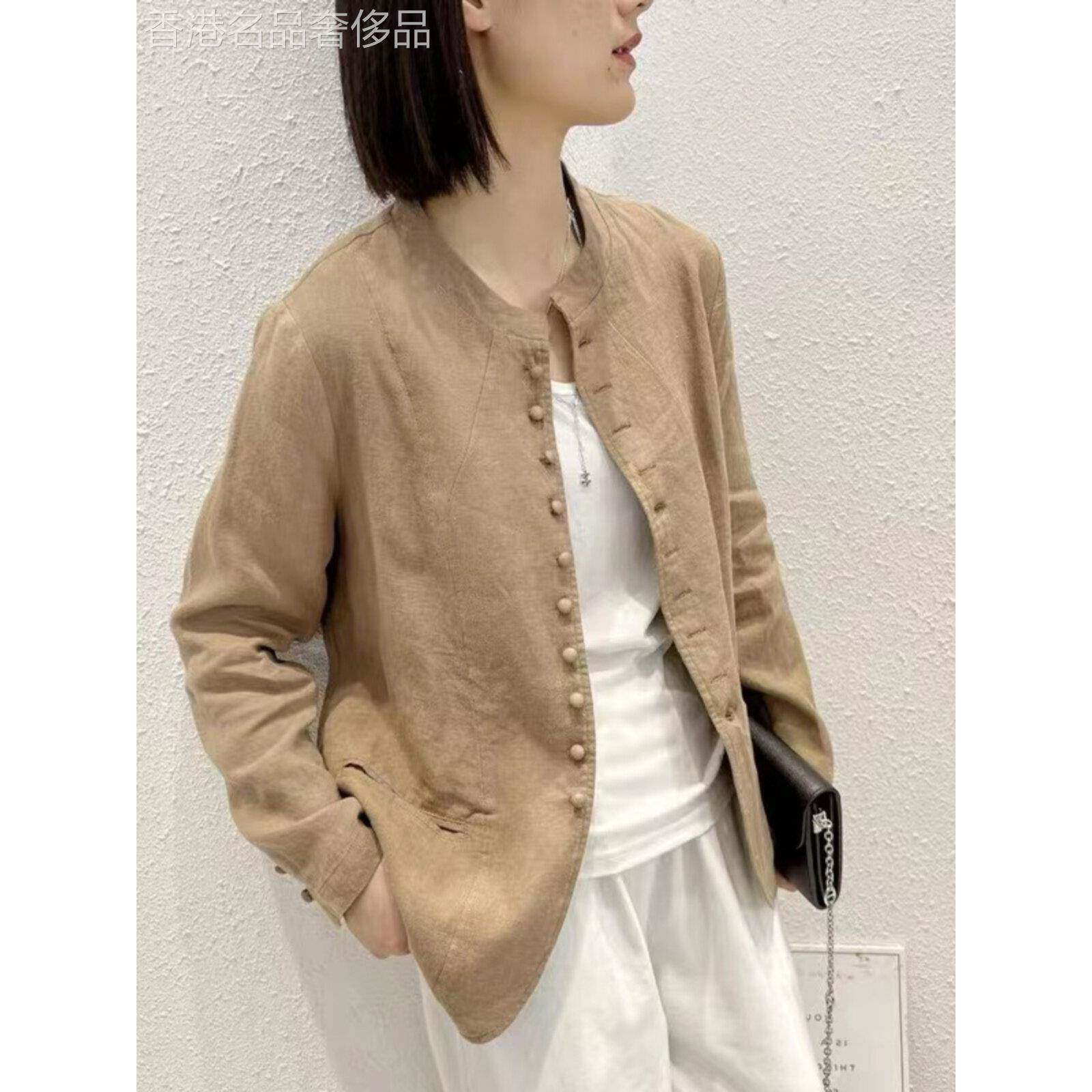 文艺覆古棉麻西装外套女春夏季薄款亚麻上衣中式立领简约小西服