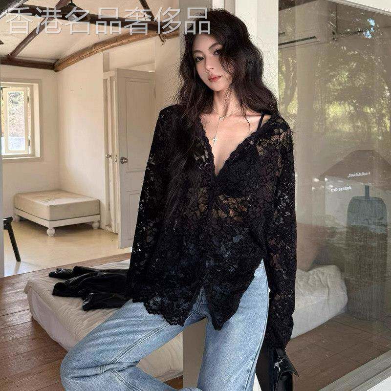 法式v领蕾丝衬衫女春秋薄款2025新款高级设计感大码防晒开衫上衣