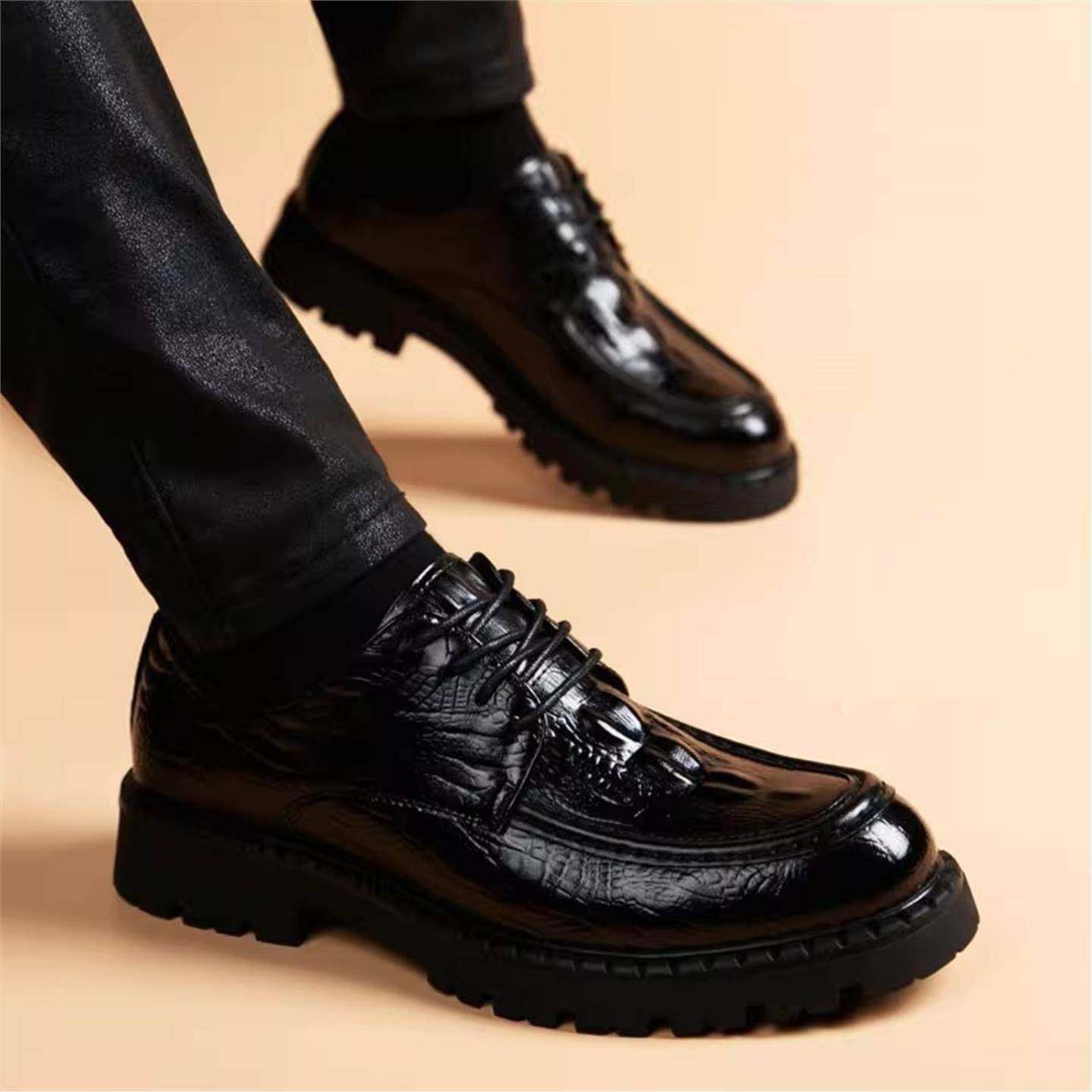 意大利手工鳄鱼纹皮鞋男款英伦风厚底内增高商务休闲真皮透气男鞋