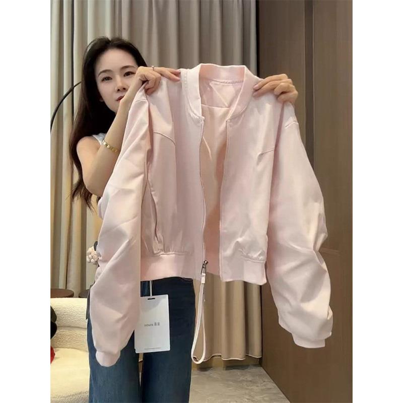 粉色立领长袖棒球服短款外套女春秋欧货高级感韩系薄款夹克上衣