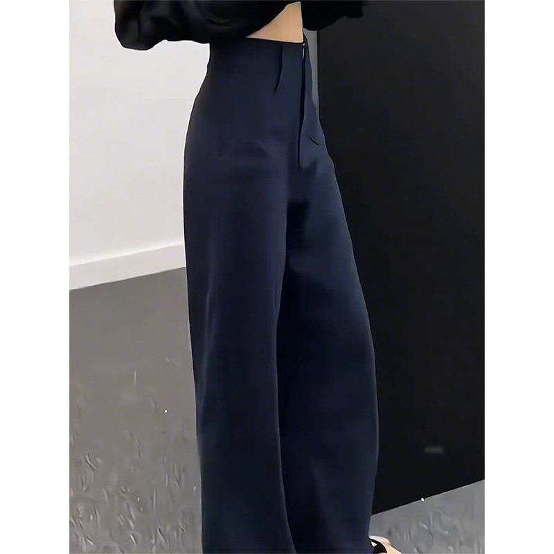 藏青色西装休闲裤女春秋欧货大码梨形身材小个子宽松直筒阔腿长裤